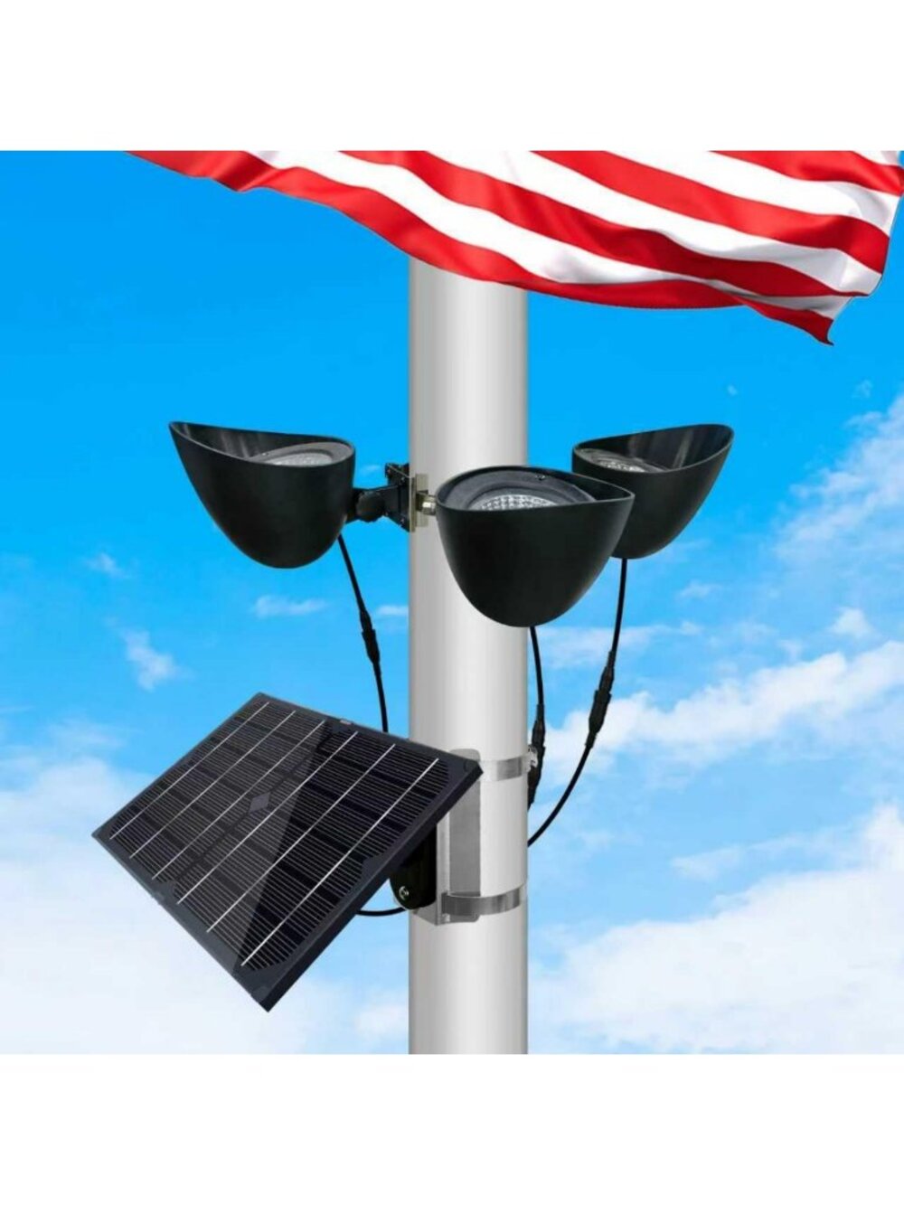 Solar Flag Pole Light - 3 LED Spotlights, Adjustable Clamps, Dusk to Dawn